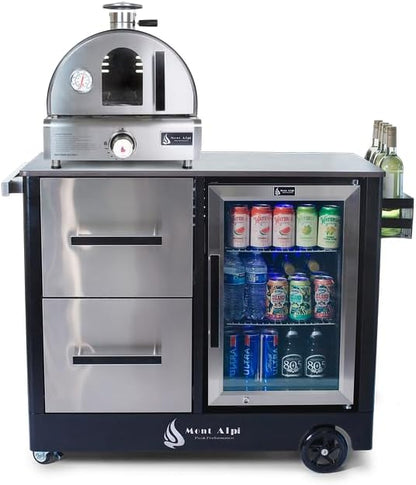 Mont Alpi MAPCL-MAPZ-Combo Outdoor Prep Bar Cart with Ceramic Top Counter + Wine Holder + Stainless Steel Cabinets + MAF Refrigerator + Portable Countertop Gas Pizza Oven Combo with Pizza Stone