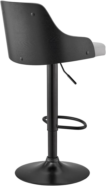 Armen Living Asher Modern Adjustable Height Swivel Gray Faux Leather and Black Wood Bar Stool with Black Base for Kitchen Island Counter