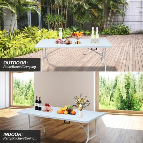 GlowSol Folding Table 6FT, Heavy Duty Portable Plastic Folding Table with Handle, Anti-Slip Feet, Waterproof, Easy to Clean, 300LBS Capacity, Foldable for Indoor Outdoor Use, White