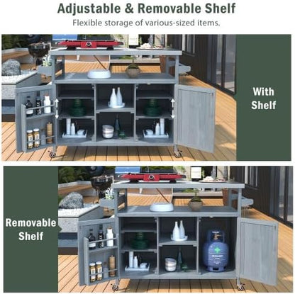 Bellemave Outdoor Kitchen Island with Stainless Steel Top, Rolling Bar Cart & Storage Cabinet, Outdoor Grill Cart with Spice & Towel Rack, Rolling Island Table for Kitchen & BBQ, Grey Blue