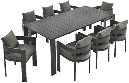 Modway Tahoe Outdoor Patio Powder-Coated Aluminum 9-Piece Dining Set in Gray Charcoal - Rectangular Patio Furniture Set for 8 - Outside Table with Umbrella Hole and Cushioned Chairs - Modern Patio Set