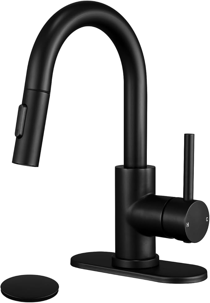 Matte Black Bathroom Faucets for 1 or 3 Hole, Single Handle Bathroom Sink Faucet with Pull Down Sprayer, Vanity Faucet with Pop-Up Drain and Deck Plate for Bar Laundry Basin