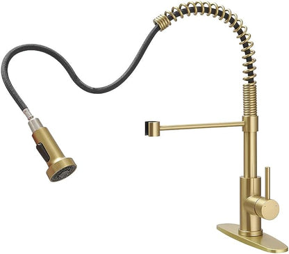 OWOFAN Kitchen Faucet, Kitchen Faucets with Pull Down Sprayer Sus304 Stainless Steel Industrial Single Handle One Hole Faucet for Farmhouse Camper Laundry Utility Rv Wet Bar Sinks Bushed Gold 9009J