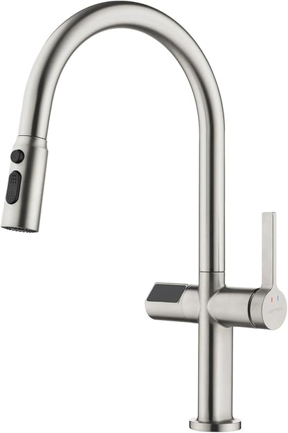 Lefton Touchless Pull-Out Kitchen Faucet, Hands Free Motion Sensor Activated, Battery-Free Temperature Display, KF2206 (Contemporary, Brushed Nickel)