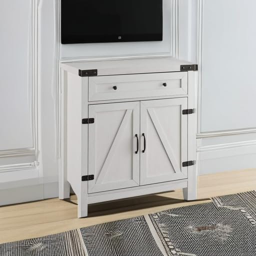Walker Edison Farmhouse Double Barn Door Accent Kitchen Storage Cabinet Pantry with 1 Drawer, 30 Inch, Brushed white