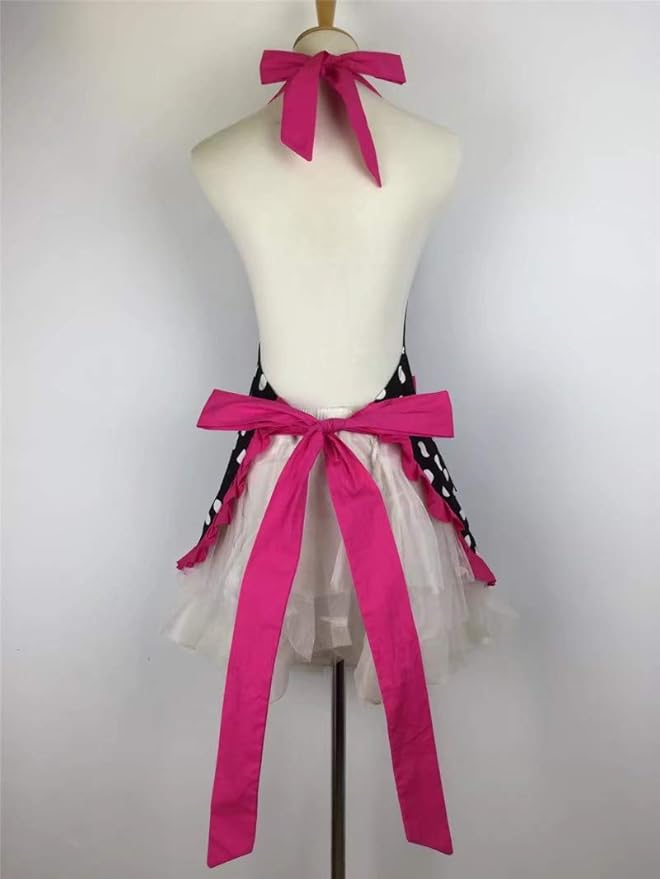 Hyzrz Cute Apron Retro Black Polka Dot Retro Ruffle Side Vintage Cooking Aprons with Pockets for Women Girls (Side Rose Red)