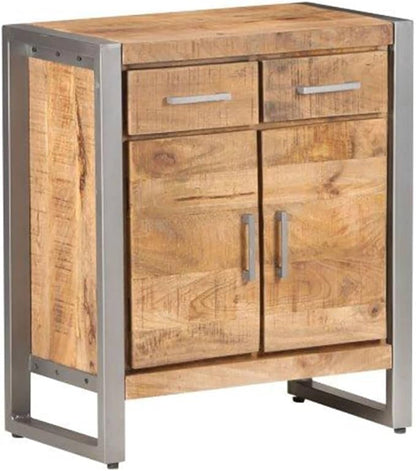 Natural Mango Wood Sideboard, Grey Finish, Industrial Design, 2 Drawers, 2 Doors, 23.6x13.8x28.3in, Living Room Storage Cabinet Furniture Kitchen Furnitur