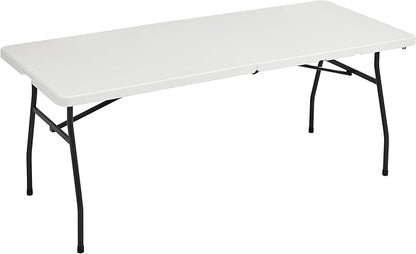 Amazon Basics Heavy Duty Portable Folding Table, 6 ft, Indoor & Outdoor, Fold-in-Half Design with Carrying Handle, White | Portable, Heavy Duty, Indoor & Outdoor, with Carrying Handle