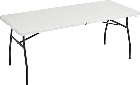Amazon Basics Heavy Duty Portable Folding Table, 6 ft, Indoor & Outdoor, Fold-in-Half Design with Carrying Handle, White | Portable, Heavy Duty, Indoor & Outdoor, with Carrying Handle