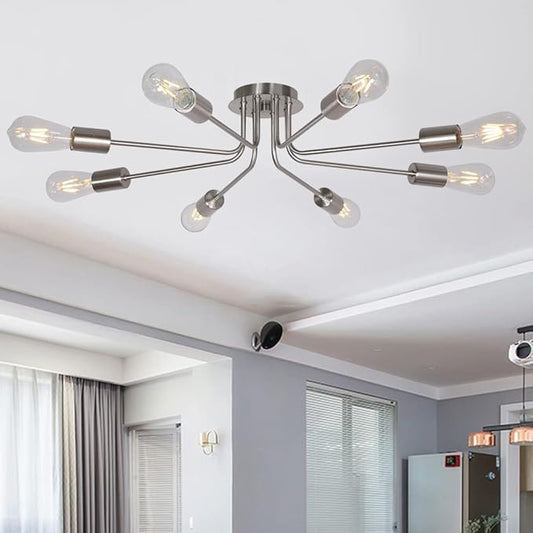 Mid Century 8 Light Chandelier Modern Ceiling Lighting Brushed Nickel Semi Flush Mount Ceiling Lights Fixture Used for Kitchen Dining Room Living Room