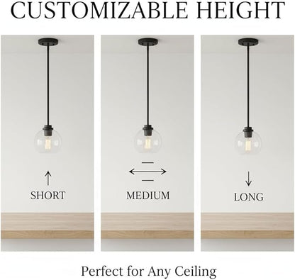 Globe Pendant Light – 7 Inch Clear Glass Modern Hanging Fixture, Black Finish Adjustable Height & Sloped Ceiling Compatible for Kitchen Island Dining Room Bedroom Hallway Farmhouse, 1 Pack