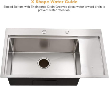 33 Inch Drop In Kitchen Sink with Cup Washer Workstation-Bokaiya 33x19 Stainless Steel Drop In Sink Ledge Workstation 16 Gauge Deep Top Mount Single Bowl Kitchen Sink