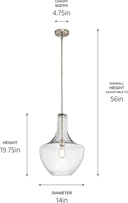 Kichler Everly 19.75" Kitchen Bell Pendant in Brushed Nickel, 1-Light Clear Seeded Glass Pendant Light, (19.75" H x 13.75" W), 42046NICS