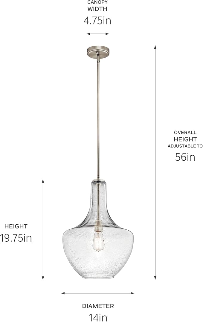 Everly 19.75" 1-Light Bell Pendant with Clear Glass in Brushed Nickel, for Kitchen Island, Dining Nook, Bedroom, (19.75" x 13.75") 42046NI