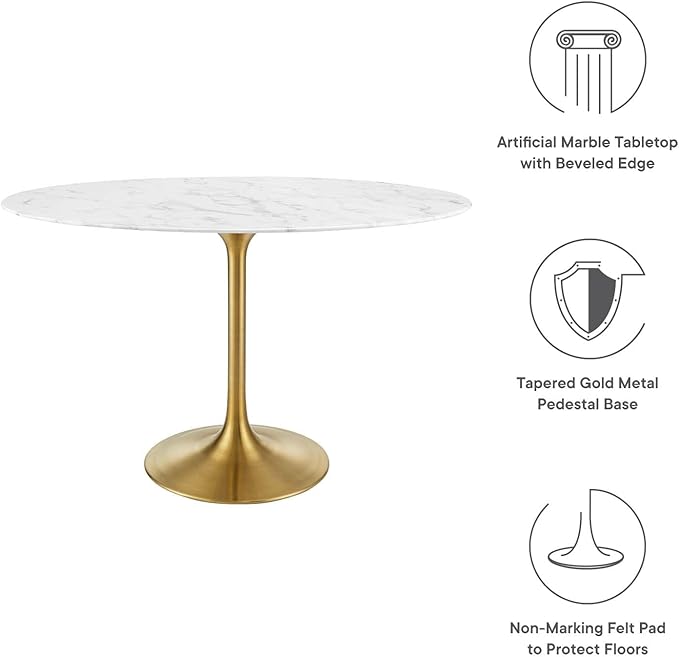 Modway Lippa 48" Oval-Shaped Mid-Century Modern Dining Table with Artificial Marble Top and Gold Base