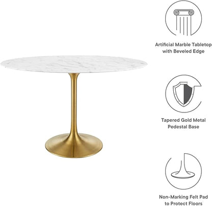 Modway Lippa 48" Oval-Shaped Mid-Century Modern Dining Table with Artificial Marble Top and Gold Base