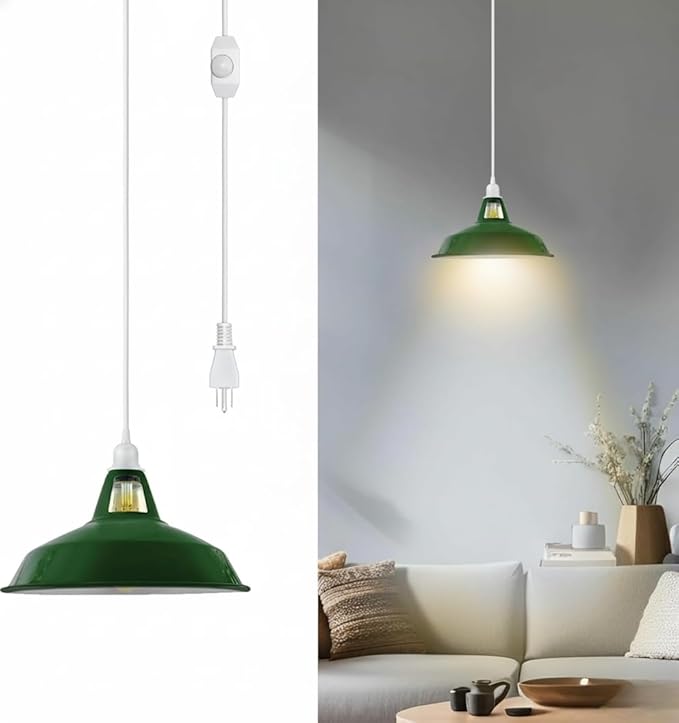 Plug in Pendant Light, 13.1FT Hanging Light with Plug in Cord and On/Off Switch, Industrial Green Barn Metal Shade Pendant Light for Kitchen Island, Dining Room, Bar, Cafe, Living Room, Green