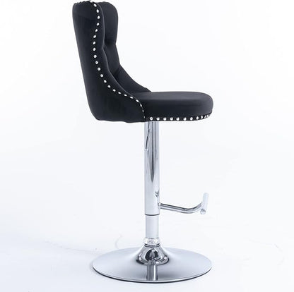 Swivel Velvet Bar stools Adjusatble Seat Height from 25 33 Inch, Upholstered Chrome Base Bar Stools with Backs Comfortable Tufted for Home Pub and Kitchen Island（Black,Set of 2）