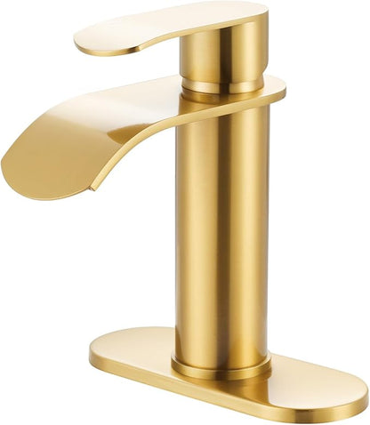 WOWOW Waterfall Bathroom Faucet, Gold Bathroom Sink Faucet for 1 Hole or 3 Holes, Single Handle Vanity with Metal Pop up Drain, Stainless Steel Basin Sink Faucet Tap for RV Lavatory