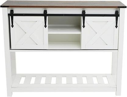 Entryway Table with Storage, Farmhouse Buffet Cabinet Coffee Bar Kitchen Island with Sliding Barn Doors & Shelves, Console Table for Kitchen, Dining Room, Living Room, White