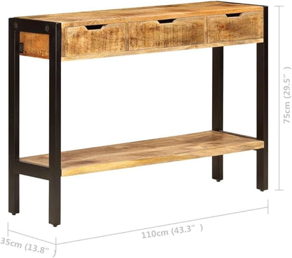 Brown Solid Mango Wood Sideboard, 43.3" Living Room Buffet Cabinet with 3 Drawers, Polished Finish, Powder-Coated Steel Frame, Vintage Console Table Furniture Kitchen Furniture