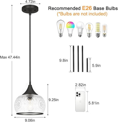 Black Pendant Light - Modern Pendant Lights Kitchen Island with Handblown Glass, Vintage Hanging Light for Kitchen with Adjustable Height, Lithging Fixture for Dining Room Sink