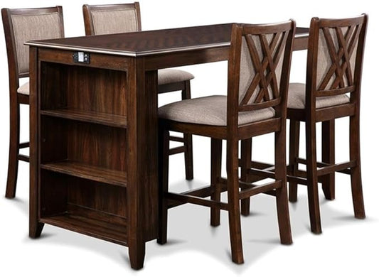 New Classic Furniture Amy Kitchen Counter Island Dining Table for 4 with Storage Shelf & USB Chargers, Traditional Brown Cherry