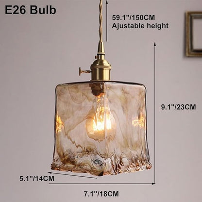 Vintage Amber Glass Pendant Light, Mid Century Square Brushed Brass Hanging Pendant Chandelier, E26/E27 Adjustable Height Farmhouse Pendant Lamp Fixture for Kitchen Island Living Room Dinning Room
