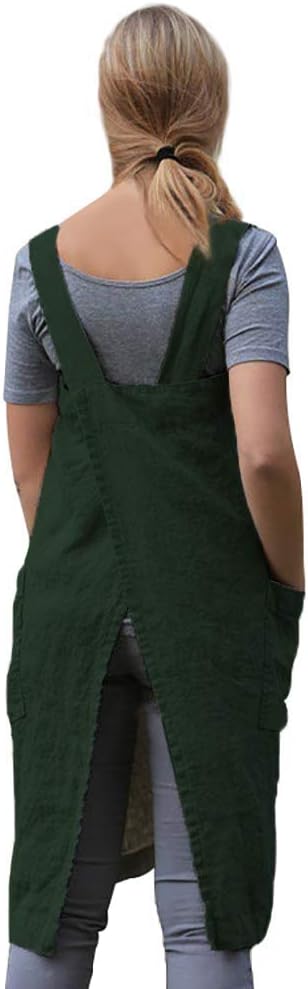 Larmliss Women's Pinafore Square Apron Baking Cooking Gardening Works Cross Back Cotton/Linen Blend Dress with 2 Pockets