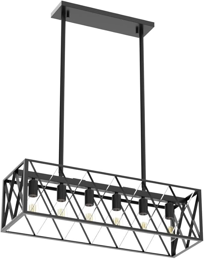 Farmhouse Chandelier for Dining Room Kitchen Island Pendant Lighting 6-Light Black Metal Industrial Bar Chandelier Vintage Hanging Rectangle Linear Light Fixtures
