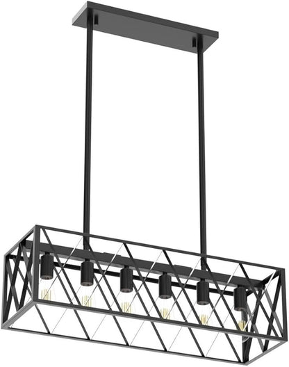 Farmhouse Chandelier for Dining Room Kitchen Island Pendant Lighting 6-Light Black Metal Industrial Bar Chandelier Vintage Hanging Rectangle Linear Light Fixtures