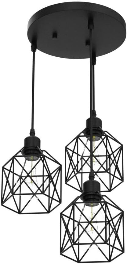 Industrial Pendant Light 3-Light,Adjustable Hanging Light Fixtures,Vintage Farmhouse Pendant Light with Metal Caged for Kitchen Dining Room Hallway,E26 Base,Black