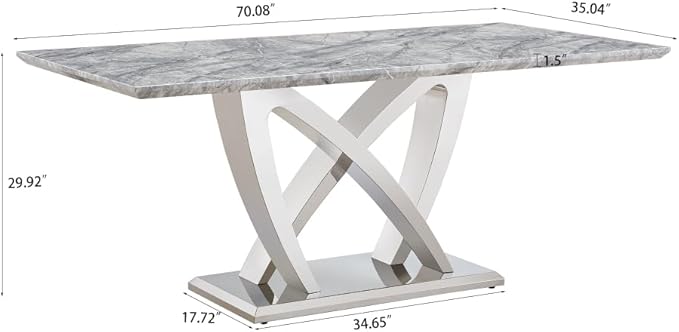 Modern Luxurious Rectangular Dining Table for 6-8, MDF Kitchen Table with Heavy-Duty Irregular Base, Faux Marble Heat-Resistant Furniture for Dining Room & Family Gatherings (Silver)