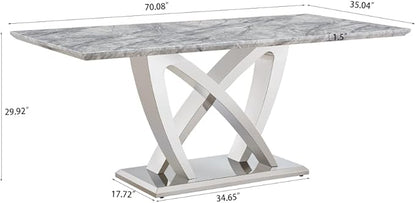 Modern Luxurious Rectangular Dining Table for 6-8, MDF Kitchen Table with Heavy-Duty Irregular Base, Faux Marble Heat-Resistant Furniture for Dining Room & Family Gatherings (Silver)