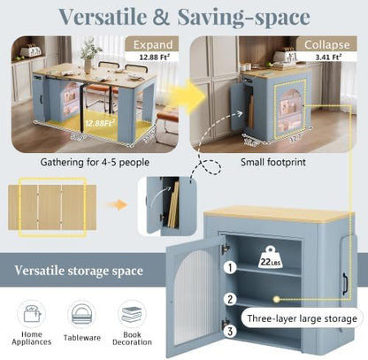 15.6"-59" Extendable Dining Table for 6 with 3 Removable Middle Leaves, Mobile Rolling Island Table with Power Outlet & LED Storage Cabinet for Dining Room, Grey Blue and Natural
