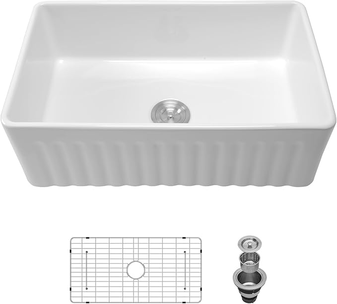 Sarlai 33 White Farmhouse Sink - 33x18 Inch Farm Kitchen Sink Reversible Apron Front White Ceramic Porcelain Fireclay Single Bowl Farmer Sinks