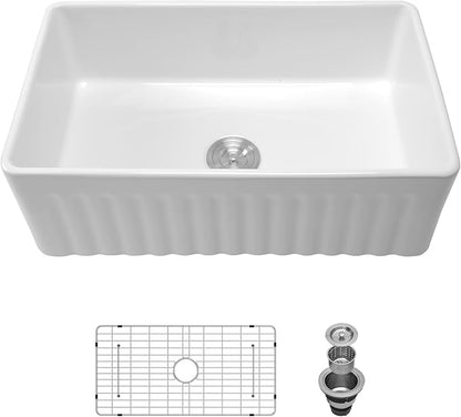 Sarlai 33 White Farmhouse Sink - 33x18 Inch Farm Kitchen Sink Reversible Apron Front White Ceramic Porcelain Fireclay Single Bowl Farmer Sinks
