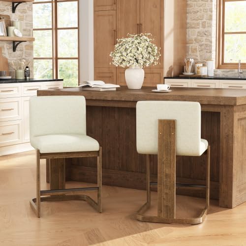 STAPERFO Bar Stools Set of 2, 24 Inch Linen Upholstered Counter Height Stools with Walnut Tone Solid Rubberwood Legs, Comfortable Seating for Kitchen Island Home Bar Coffee Shop, Beige