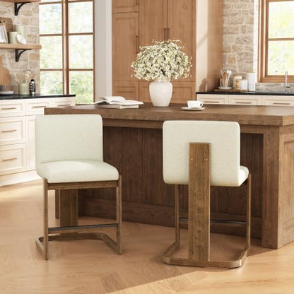 STAPERFO Bar Stools Set of 2, 24 Inch Linen Upholstered Counter Height Stools with Walnut Tone Solid Rubberwood Legs, Comfortable Seating for Kitchen Island Home Bar Coffee Shop, Beige