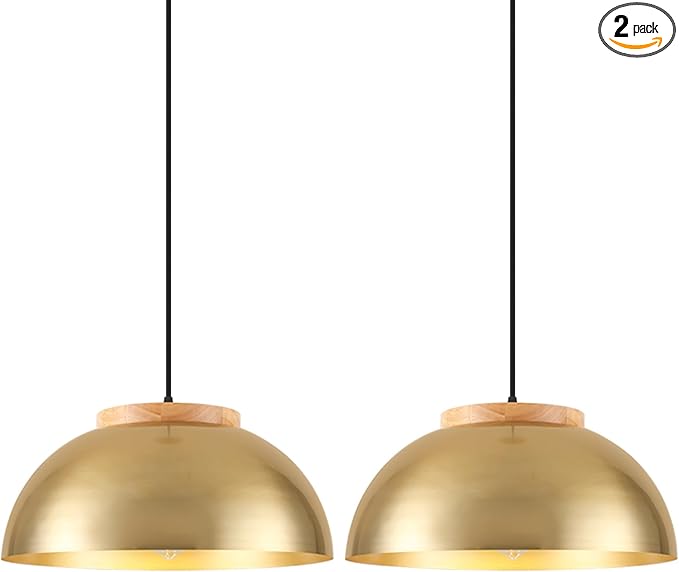 Large Pendant Lights, Gold Pendant Lights for Kitchen Island, Farmhouse Pendant Light Fixtures with Wooden Holder, 16" Adjustable Lighting Fixtures for Dining Room, Living Room, Entryway, 2 Pack