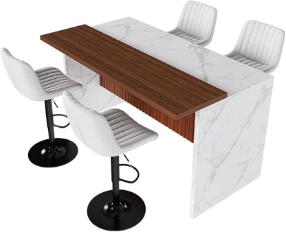 63 Inch Kitchen Island with 4 Deep Brown Bar Stools – White Marble Countertop, Integrated LED Lighting & Grille Design, Multi-Functional Breakfast Bar for Dining Rooms, (White+4beige)