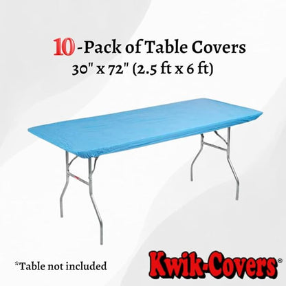 Kwik-Covers 10 Pack of Rectangular Plastic Table Covers - 6' Foot or 8' Foot Options - Indoor or Outdoor Fitted Table Covers (Table NOT Included) (Light Blue, 30" x 72" (6' ft))