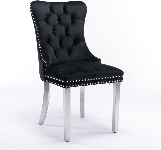 Ball & Cast Contemporary Upholstered Dining Chairs Set of 2, Velvet Button Tufted Kitchen Side-Chairs with Hang Ring & Nailhead Trims & Chrome Solid Wood Legs, 2-Piece Traditional Chair, Chrome+Black