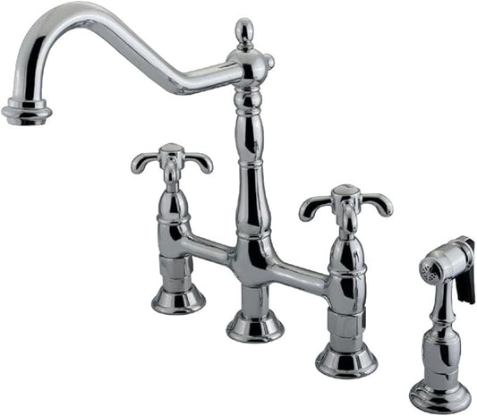 Kingston Brass KS1271TXBS French Country Bridge Kitchen Faucet with Brass Sprayer, Polished Chrome