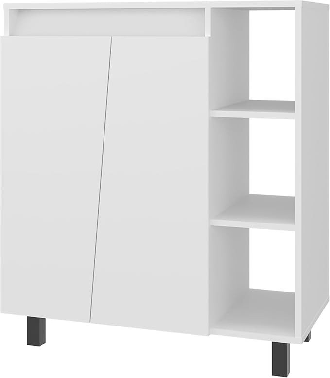 Microwave Sideboard Cabinet, Freestanding White Kitchen Pantry with 2-Door Storage 3 Open Shelves and Appliance Surface for Compact Kitchen Organization