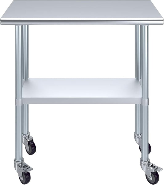 Stainless Steel Work Table with Wheels | NSF Kitchen Island Food Prep | Laundry Garage Utility Bench (Table + Wheels, 36" Long x 18" Deep)