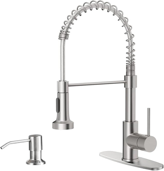 OWOFAN Kitchen Sink Faucet with Soap Dispenser, Kitchen Faucet with Pull Down Sprayer Stainless Steel Single Handle High Arc Pull Out Brushed Nickel Faucet for Bar Laundry RV Utility Sink