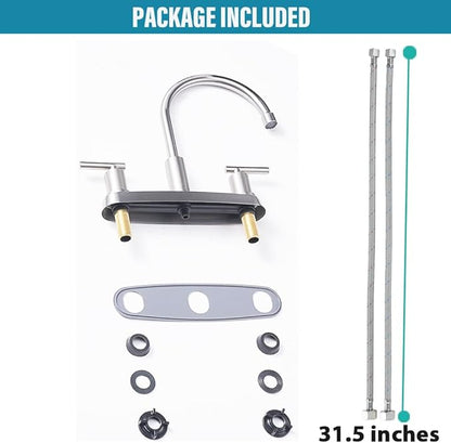 3 Hole Kitchen Faucet, Brushed Nickel Two Handles Kitchen Faucet, RV Kitchen Sink Faucet, 3 Hole or 4 Holel Faucet for Kitchen Sink TDLKF024W-L