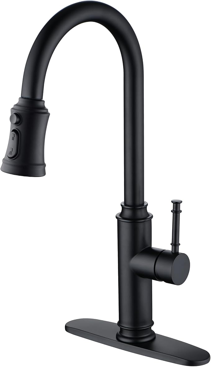 SUMERAIN Stainless Steel Matte Black Kitchen Sink Faucets with Pull Down Sprayer and 10" Deck Plate Single Lever