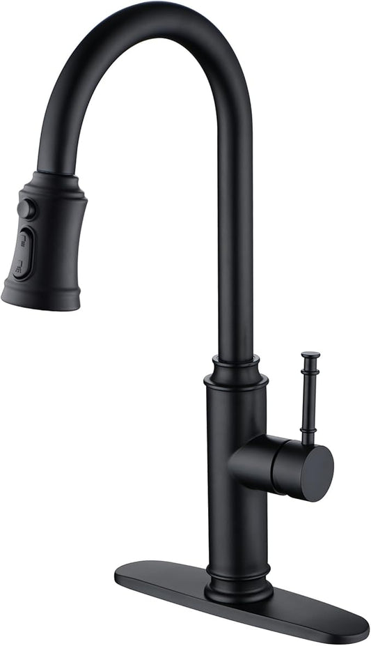 SUMERAIN Stainless Steel Matte Black Kitchen Sink Faucets with Pull Down Sprayer and 10" Deck Plate Single Lever
